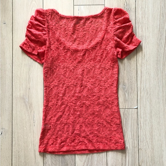 Charlotte Russe Ruched Sleeve Lace Top in Bright Orange Size S - Picture 3 of 9